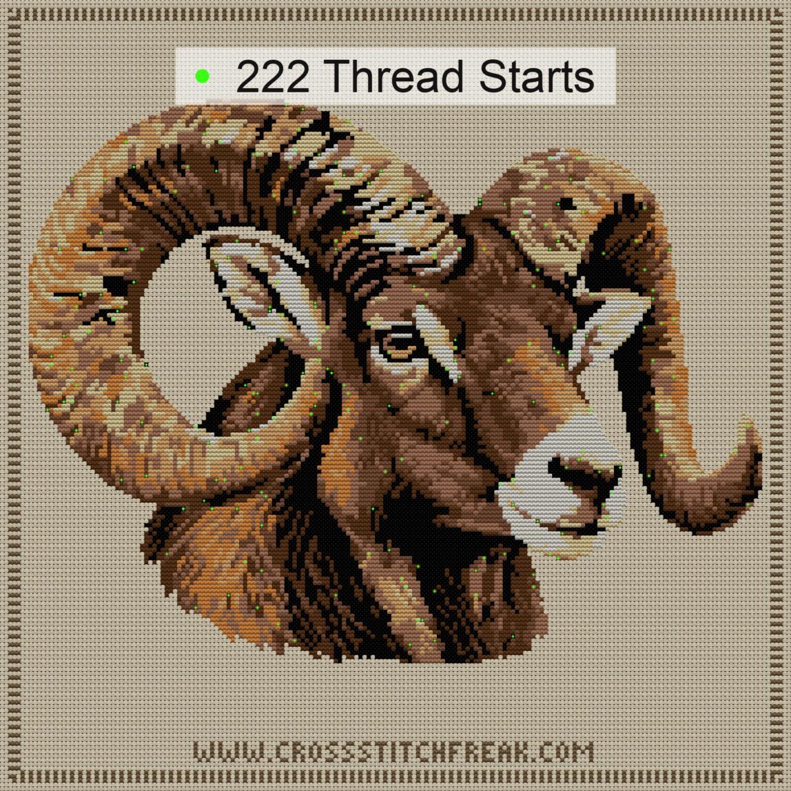bighorn-sheep-ovis-canade thread start point map bighorn-sheep-ovis-canade cross stitch start point map with highlighted thread start positions in the full design