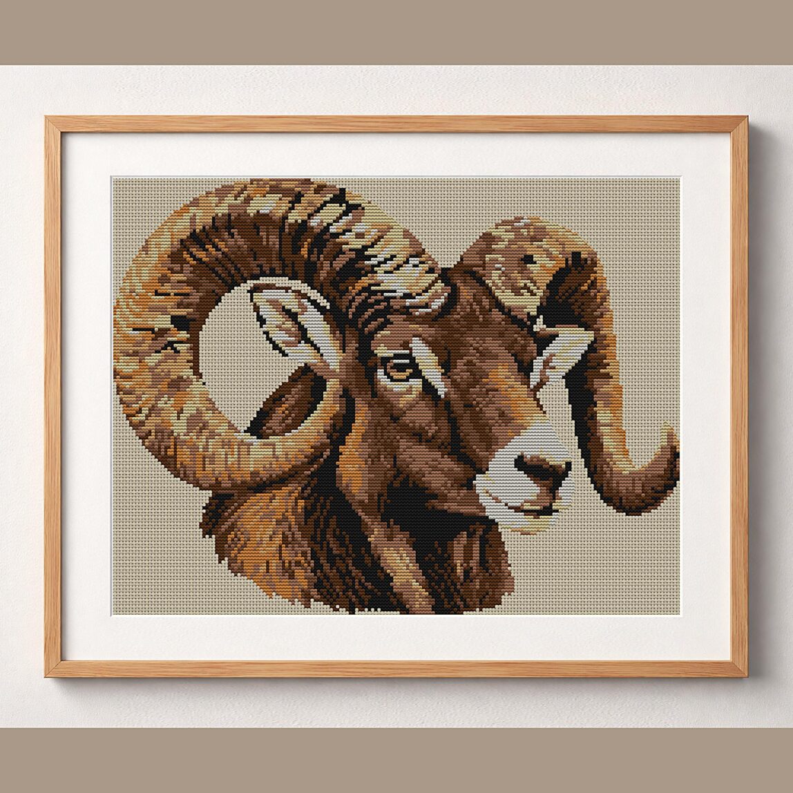 bighorn-sheep-ovis-canade framed cross stitch mockup bighorn-sheep-ovis-canade framed cross stitch mockup, realistic finished embroidery design, PDF pattern digital download