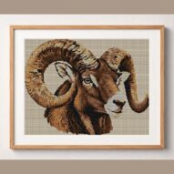 bighorn-sheep-ovis-canade framed cross stitch mockup, realistic finished embroidery design, PDF pattern digital download