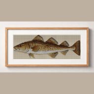 atlantic-cod-gadus-morhua framed cross stitch mockup, realistic finished embroidery design, PDF pattern digital download