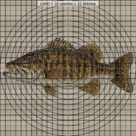 smallmouth-bass-micropter close-up cross stitch detail showing color changes, confetti areas and stitch texture