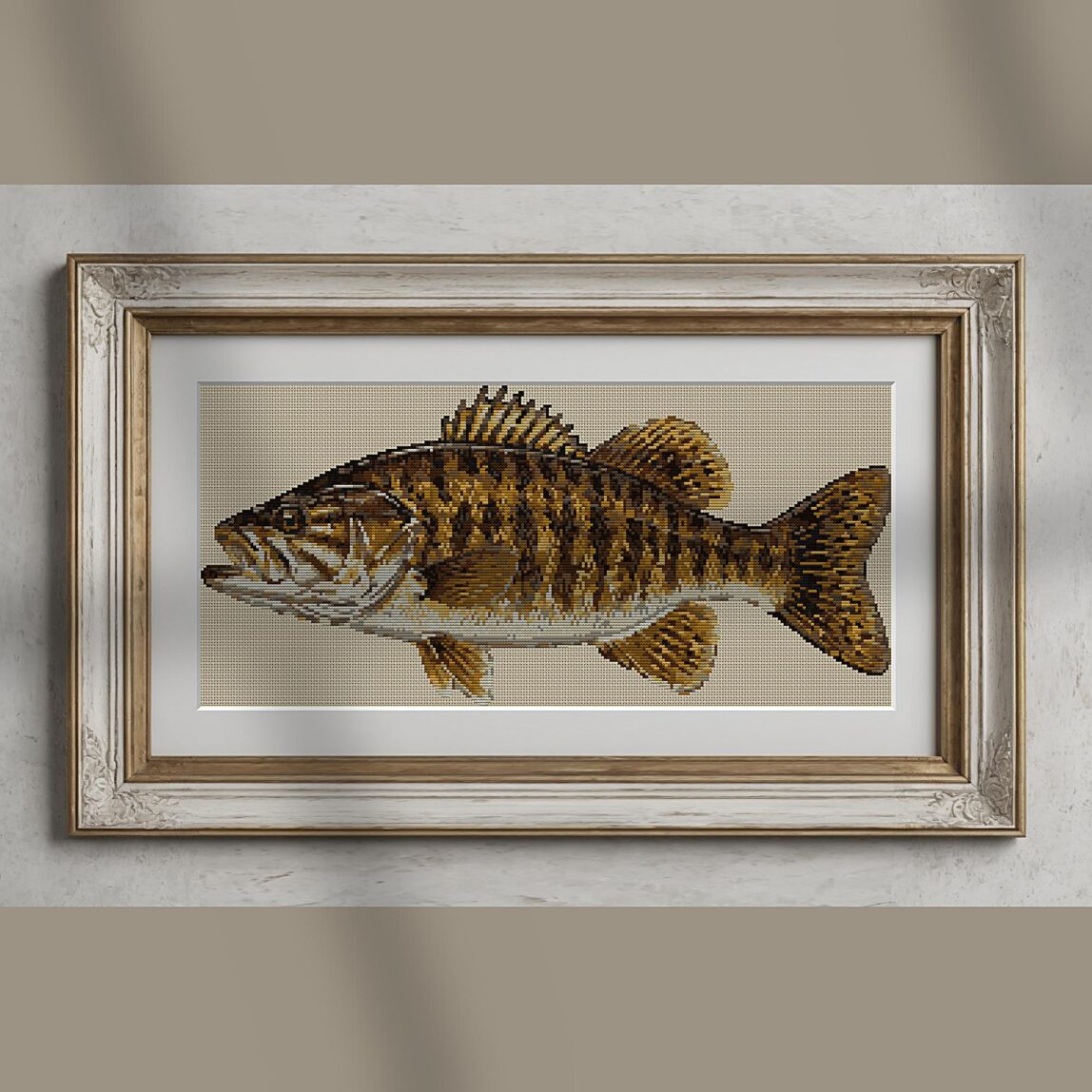 smallmouth-bass-micropter alternative framed mockup smallmouth-bass-micropter alternative framed cross stitch mockup, realistic finished embroidery presentation