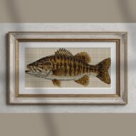 smallmouth-bass-micropter alternative framed cross stitch mockup, realistic finished embroidery presentation
