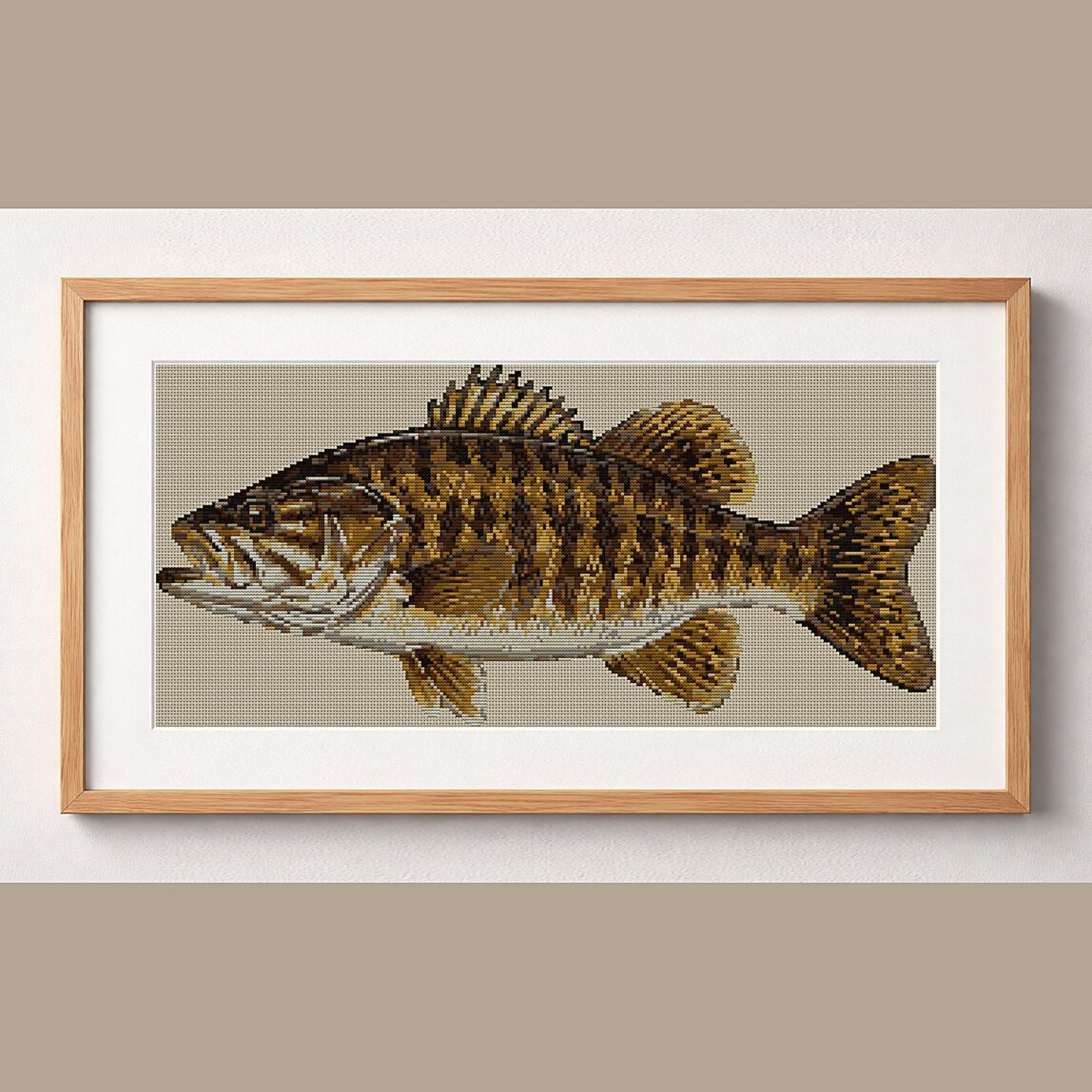 smallmouth-bass-micropter framed cross stitch mockup smallmouth-bass-micropter framed cross stitch mockup, realistic finished embroidery design, PDF pattern digital download