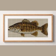 smallmouth-bass-micropter framed cross stitch mockup, realistic finished embroidery design, PDF pattern digital download