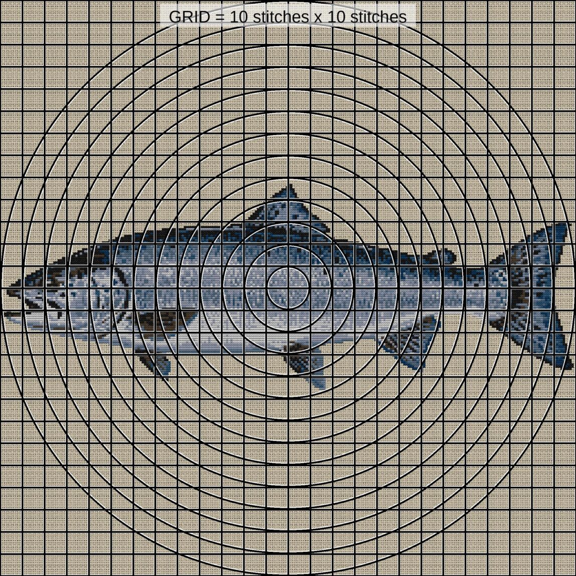 atlantic-salmon-salmo-sal zoomed stitching detail atlantic-salmon-salmo-sal close-up cross stitch detail showing color changes, confetti areas and stitch texture