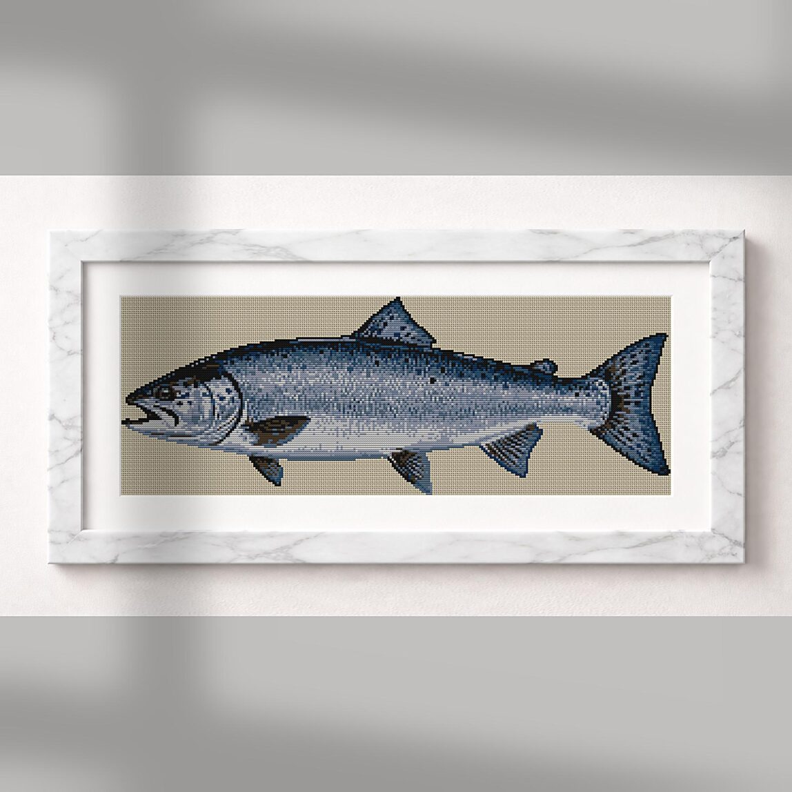 atlantic-salmon-salmo-sal alternative framed mockup atlantic-salmon-salmo-sal alternative framed cross stitch mockup, realistic finished embroidery presentation