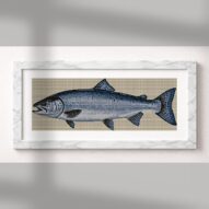 atlantic-salmon-salmo-sal alternative framed cross stitch mockup, realistic finished embroidery presentation