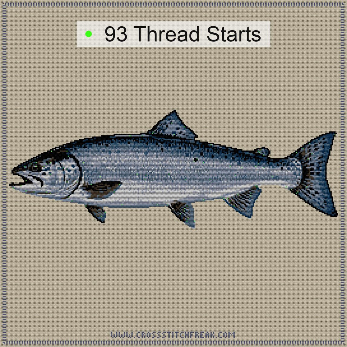 atlantic-salmon-salmo-sal thread start point map atlantic-salmon-salmo-sal cross stitch start point map with highlighted thread start positions in the full design