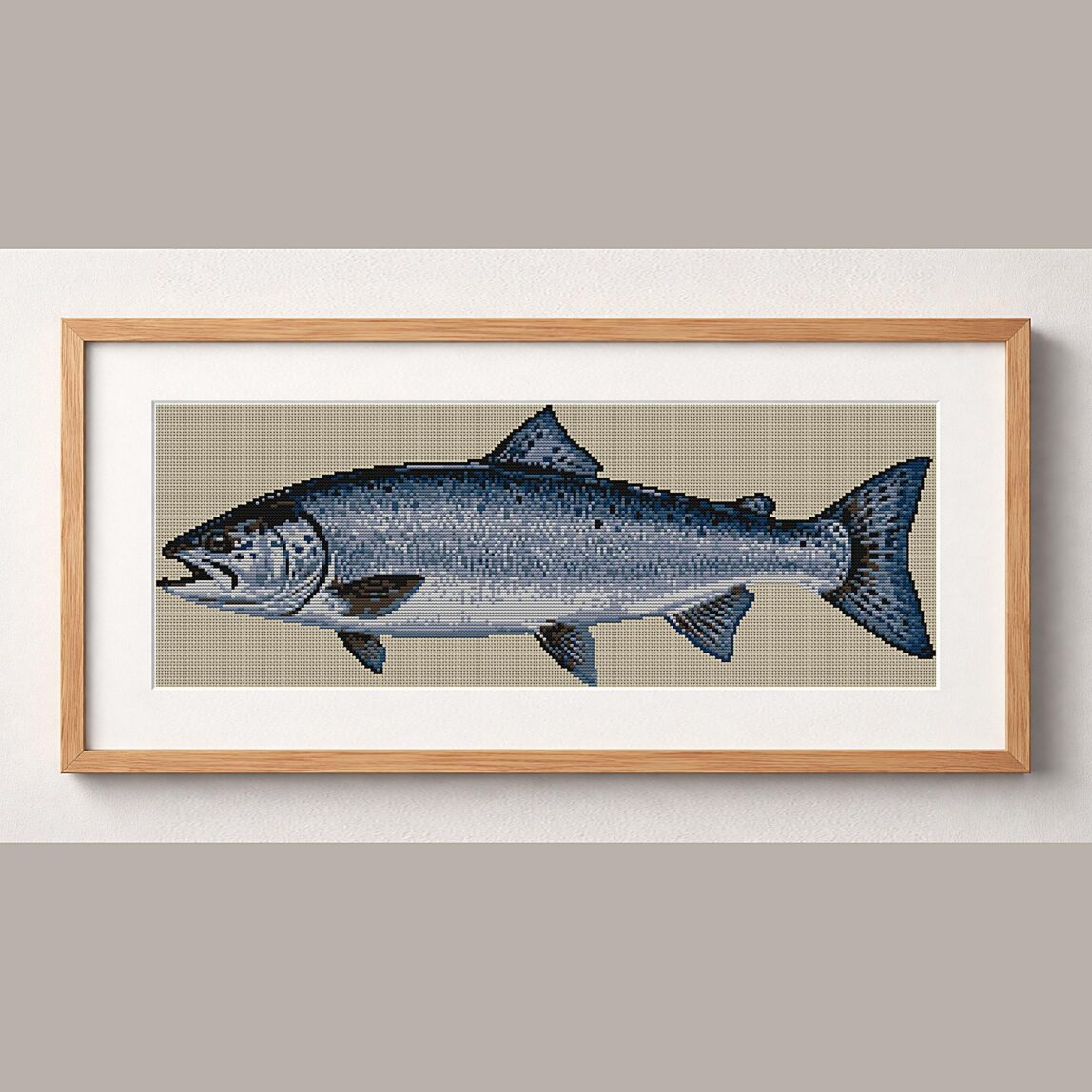 atlantic-salmon-salmo-sal framed cross stitch mockup atlantic-salmon-salmo-sal framed cross stitch mockup, realistic finished embroidery design, PDF pattern digital download