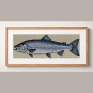 atlantic-salmon-salmo-sal framed cross stitch mockup, realistic finished embroidery design, PDF pattern digital download