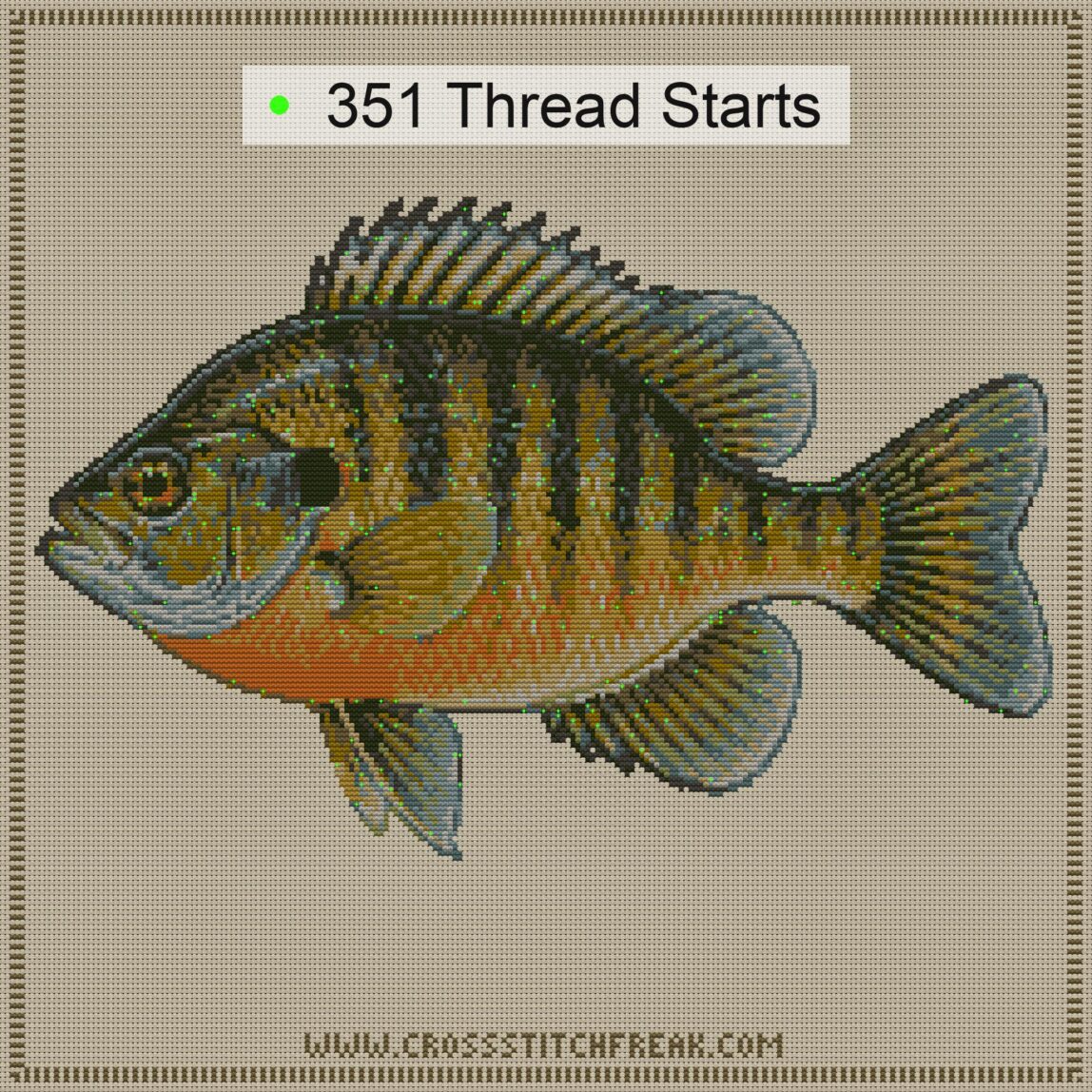 pumpkinseed-lepomis-gibbo cross stitch start point map with highlighted thread start positions in the full design