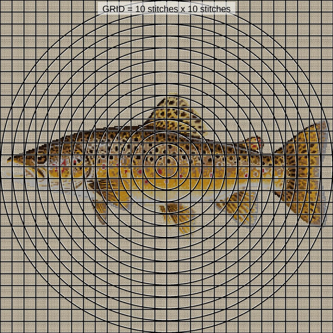 brown-trout-salmo-trutta zoomed stitching detail brown-trout-salmo-trutta close-up cross stitch detail showing color changes, confetti areas and stitch texture