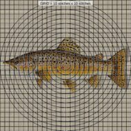 brown-trout-salmo-trutta close-up cross stitch detail showing color changes, confetti areas and stitch texture