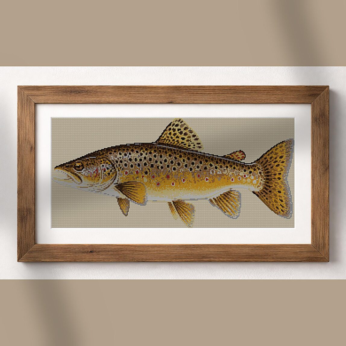 brown-trout-salmo-trutta alternative framed mockup brown-trout-salmo-trutta alternative framed cross stitch mockup, realistic finished embroidery presentation