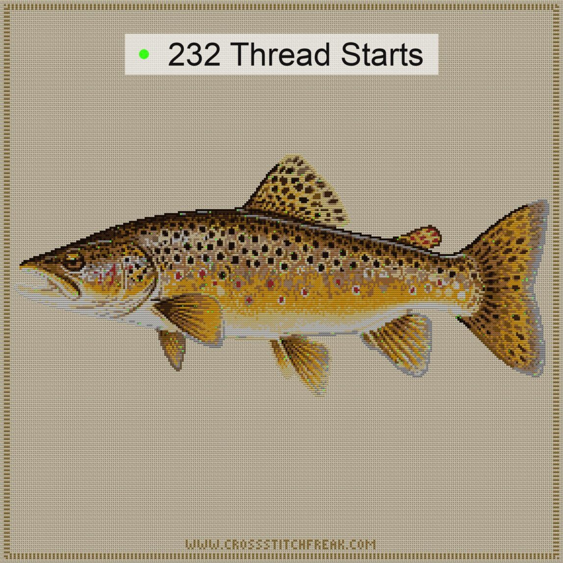 brown-trout-salmo-trutta thread start point map brown-trout-salmo-trutta cross stitch start point map with highlighted thread start positions in the full design