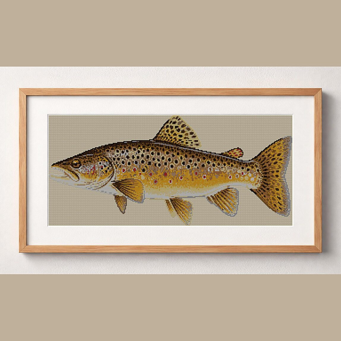 brown-trout-salmo-trutta framed cross stitch mockup brown-trout-salmo-trutta framed cross stitch mockup, realistic finished embroidery design, PDF pattern digital download