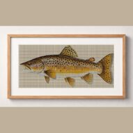 brown-trout-salmo-trutta framed cross stitch mockup, realistic finished embroidery design, PDF pattern digital download