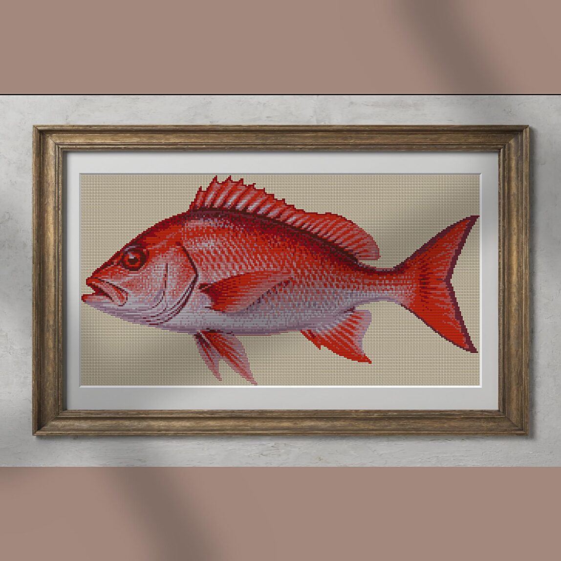 golden-redfish-sebastes-n alternative framed mockup golden-redfish-sebastes-n alternative framed cross stitch mockup, realistic finished embroidery presentation