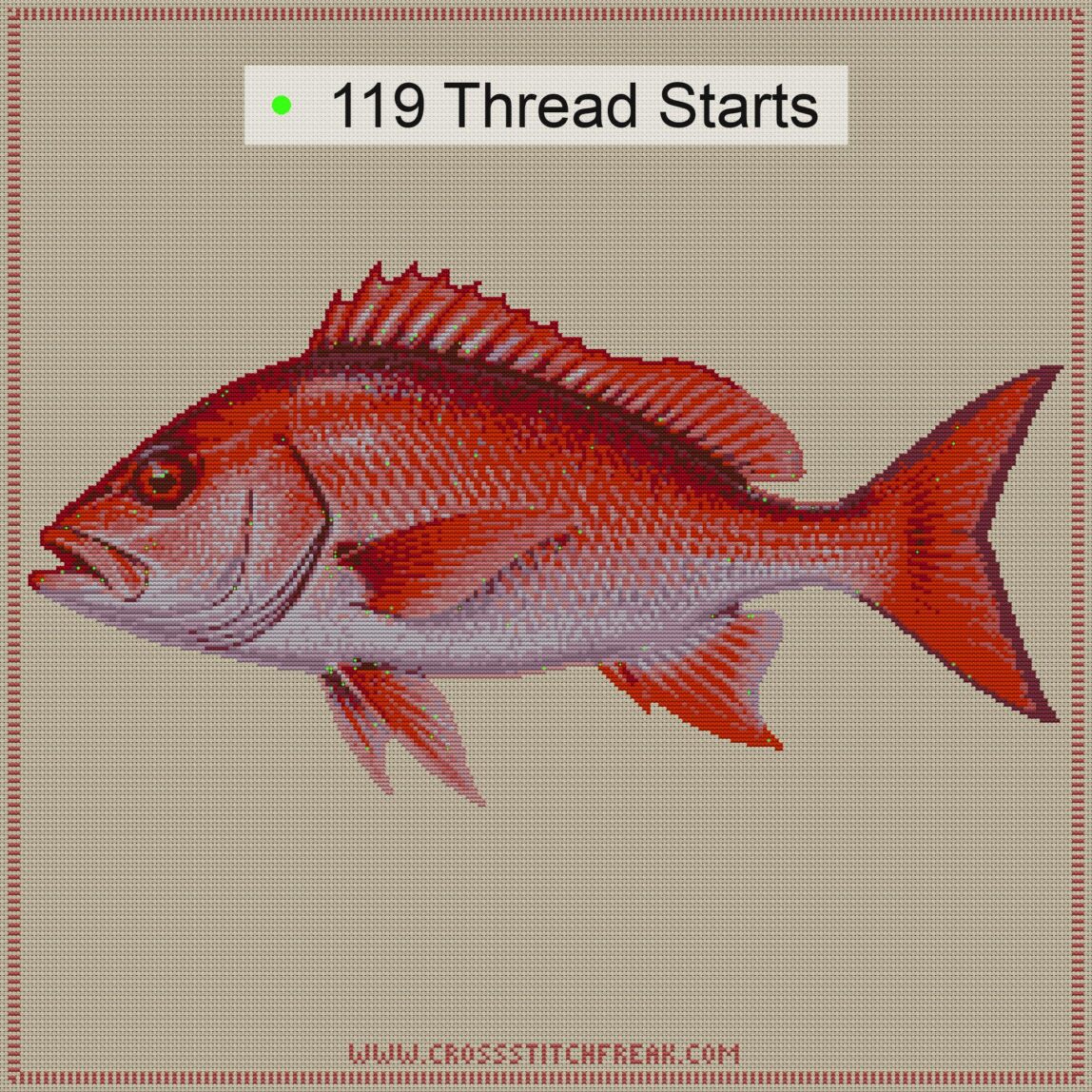 golden-redfish-sebastes-n thread start point map golden-redfish-sebastes-n cross stitch start point map with highlighted thread start positions in the full design