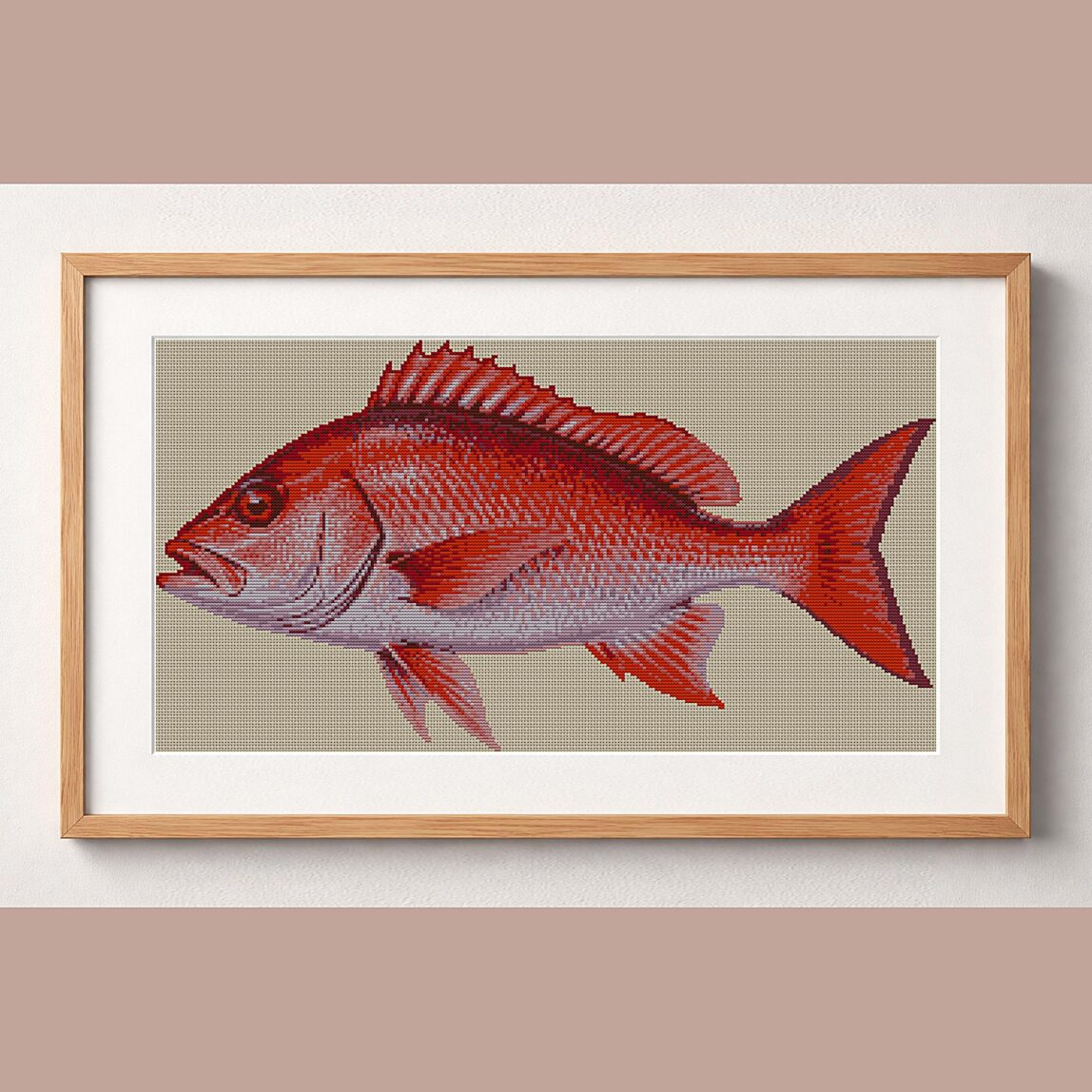 golden-redfish-sebastes-n framed cross stitch mockup golden-redfish-sebastes-n framed cross stitch mockup, realistic finished embroidery design, PDF pattern digital download