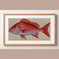golden-redfish-sebastes-n framed cross stitch mockup, realistic finished embroidery design, PDF pattern digital download