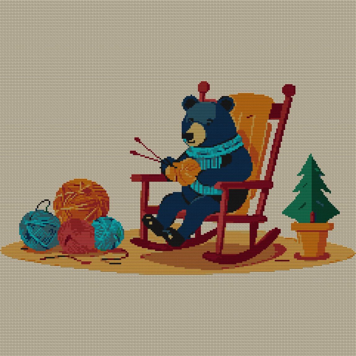 bear-in-rocking-chair full design mockup without frame bear-in-rocking-chair full cross stitch design mockup without frame, realistic embroidery preview