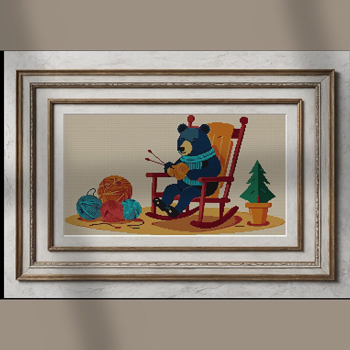 bear-in-rocking-chair alternative framed mockup bear-in-rocking-chair alternative framed cross stitch mockup, realistic finished embroidery presentation