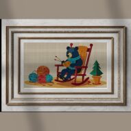 bear-in-rocking-chair alternative framed cross stitch mockup, realistic finished embroidery presentation