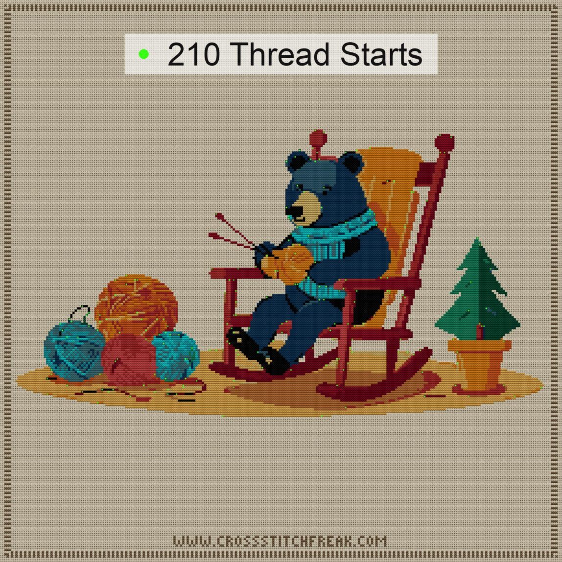 bear-in-rocking-chair thread start point map bear-in-rocking-chair cross stitch start point map with highlighted thread start positions in the full design