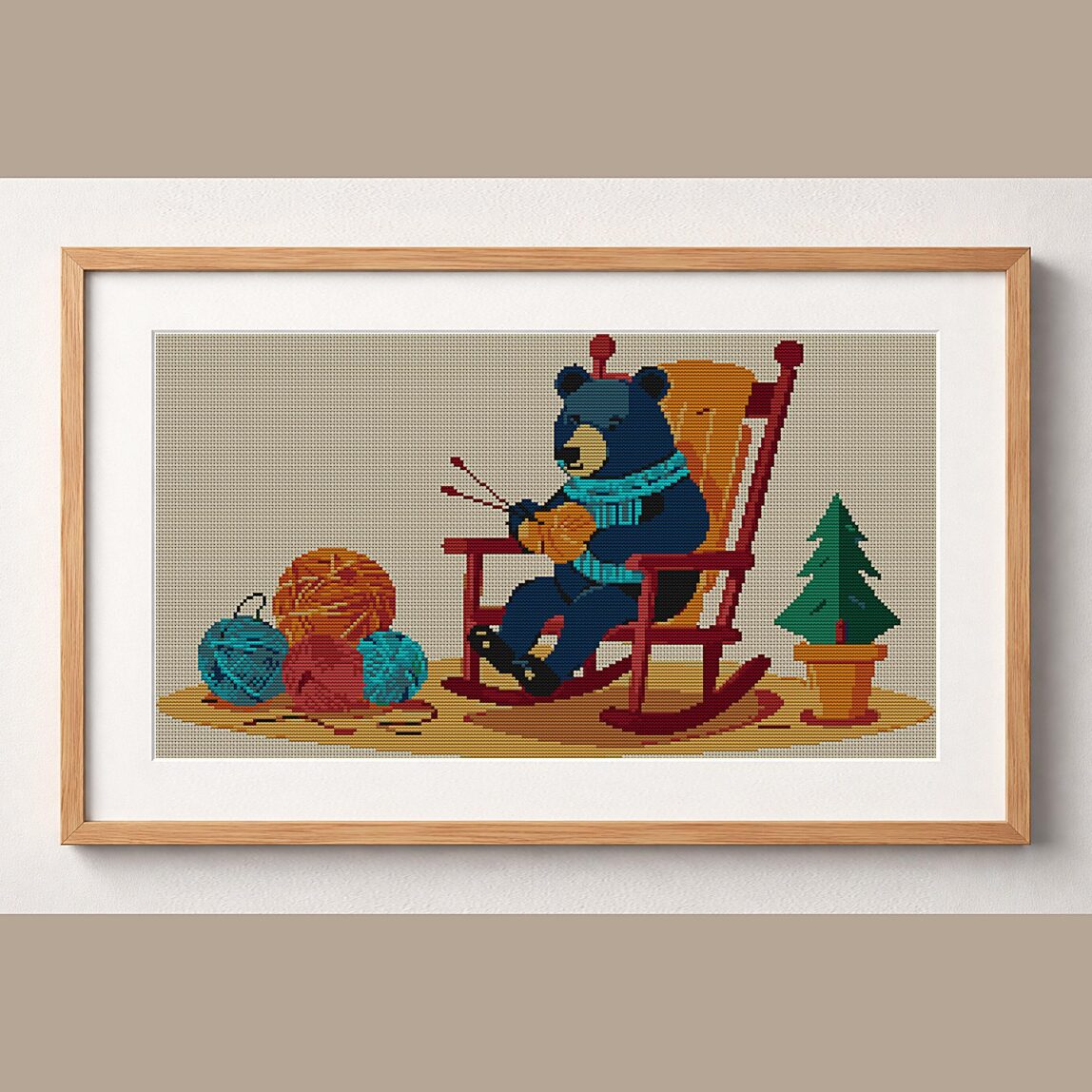 bear-in-rocking-chair framed cross stitch mockup bear-in-rocking-chair framed cross stitch mockup, realistic finished embroidery design, PDF pattern digital download