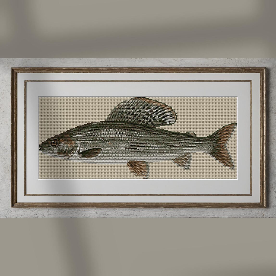 european-grayling-thymall alternative framed mockup european-grayling-thymall alternative framed cross stitch mockup, realistic finished embroidery presentation