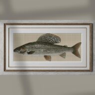 european-grayling-thymall alternative framed cross stitch mockup, realistic finished embroidery presentation