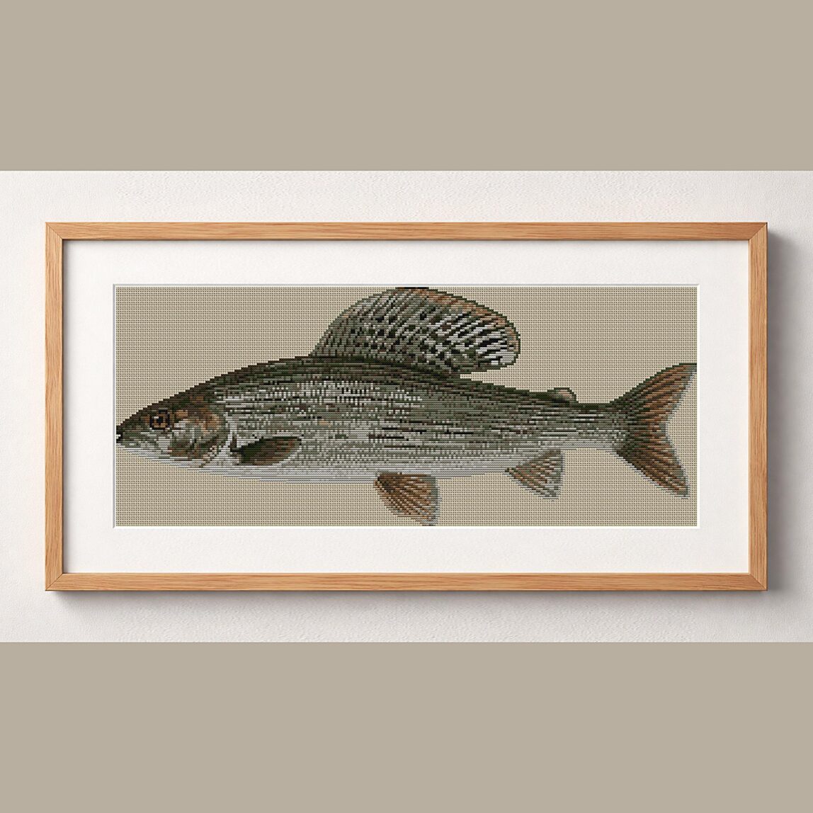 european-grayling-thymall framed cross stitch mockup european-grayling-thymall framed cross stitch mockup, realistic finished embroidery design, PDF pattern digital download