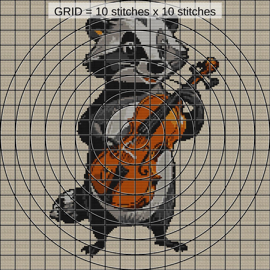 badger-with-violin close-up cross stitch detail showing color changes, confetti areas and stitch texture