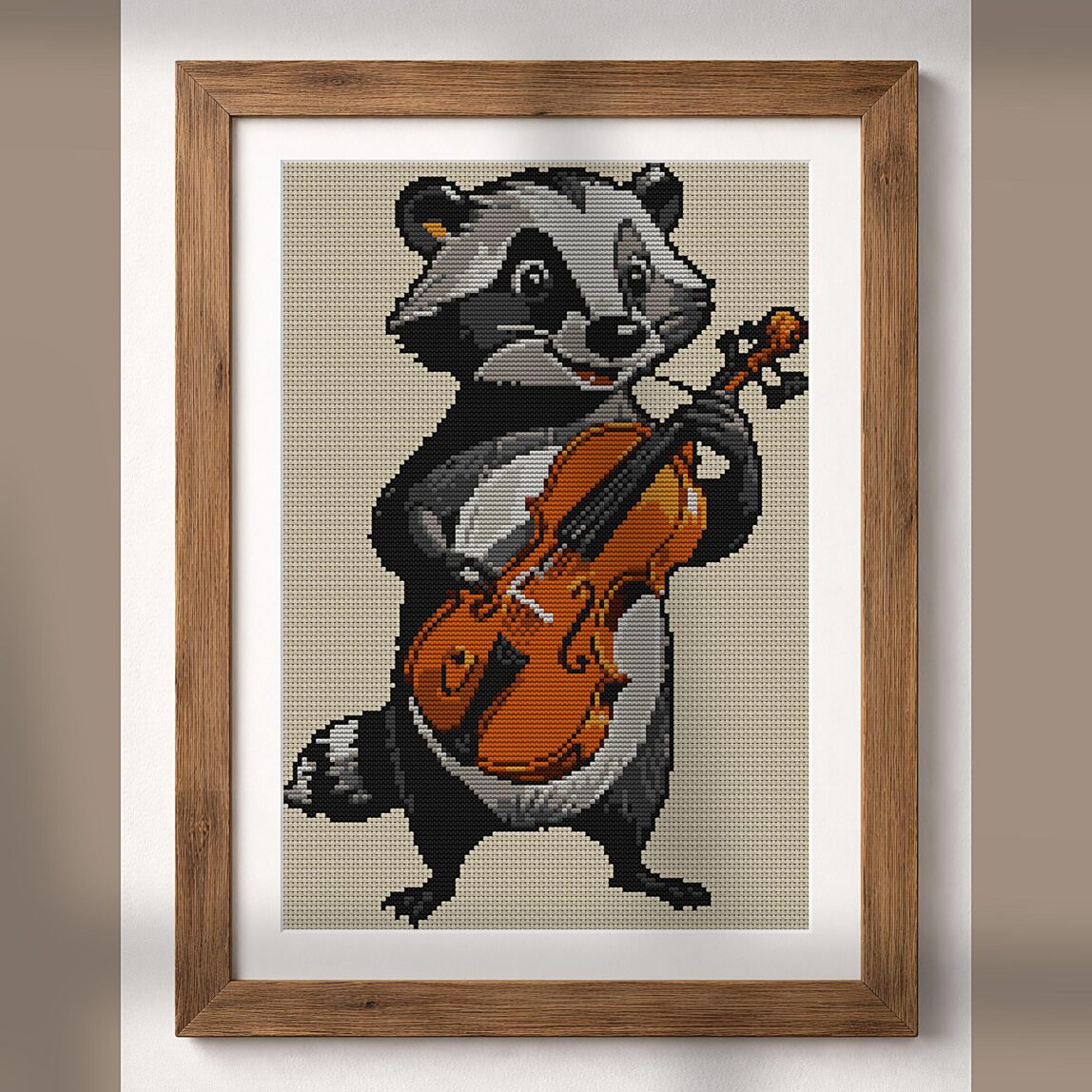 badger-with-violin alternative framed cross stitch mockup, realistic finished embroidery presentation