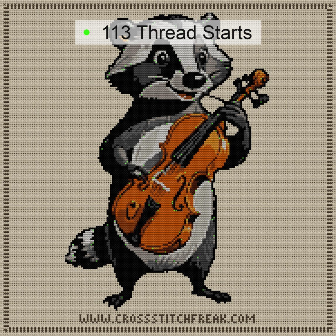 badger-with-violin cross stitch start point map with highlighted thread start positions in the full design