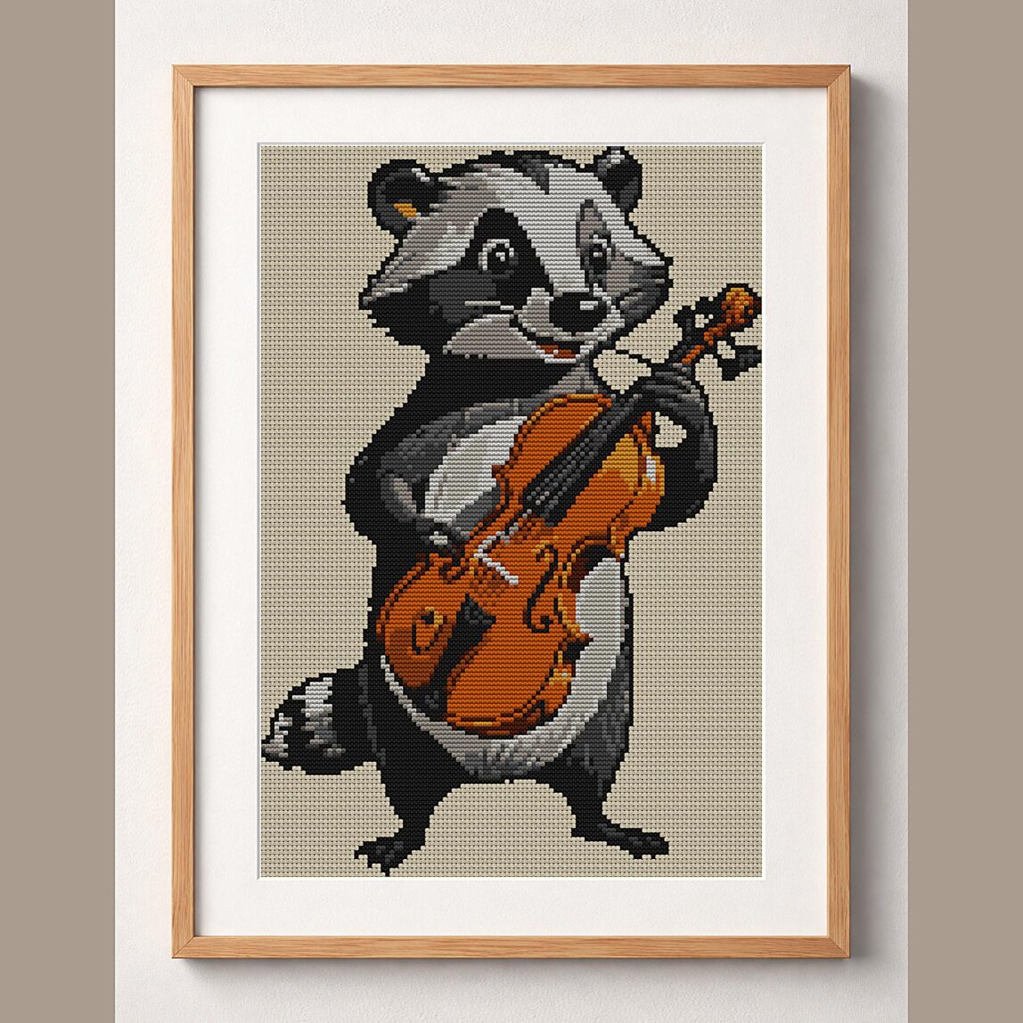 badger-with-violin framed cross stitch mockup, realistic finished embroidery design, PDF pattern digital download