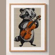badger-with-violin framed cross stitch mockup, realistic finished embroidery design, PDF pattern digital download