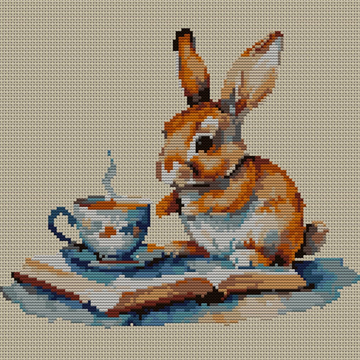 rabbit-with-teacup-and-bo full design mockup without frame rabbit-with-teacup-and-bo full cross stitch design mockup without frame, realistic embroidery preview