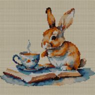 rabbit-with-teacup-and-bo full cross stitch design mockup without frame, realistic embroidery preview