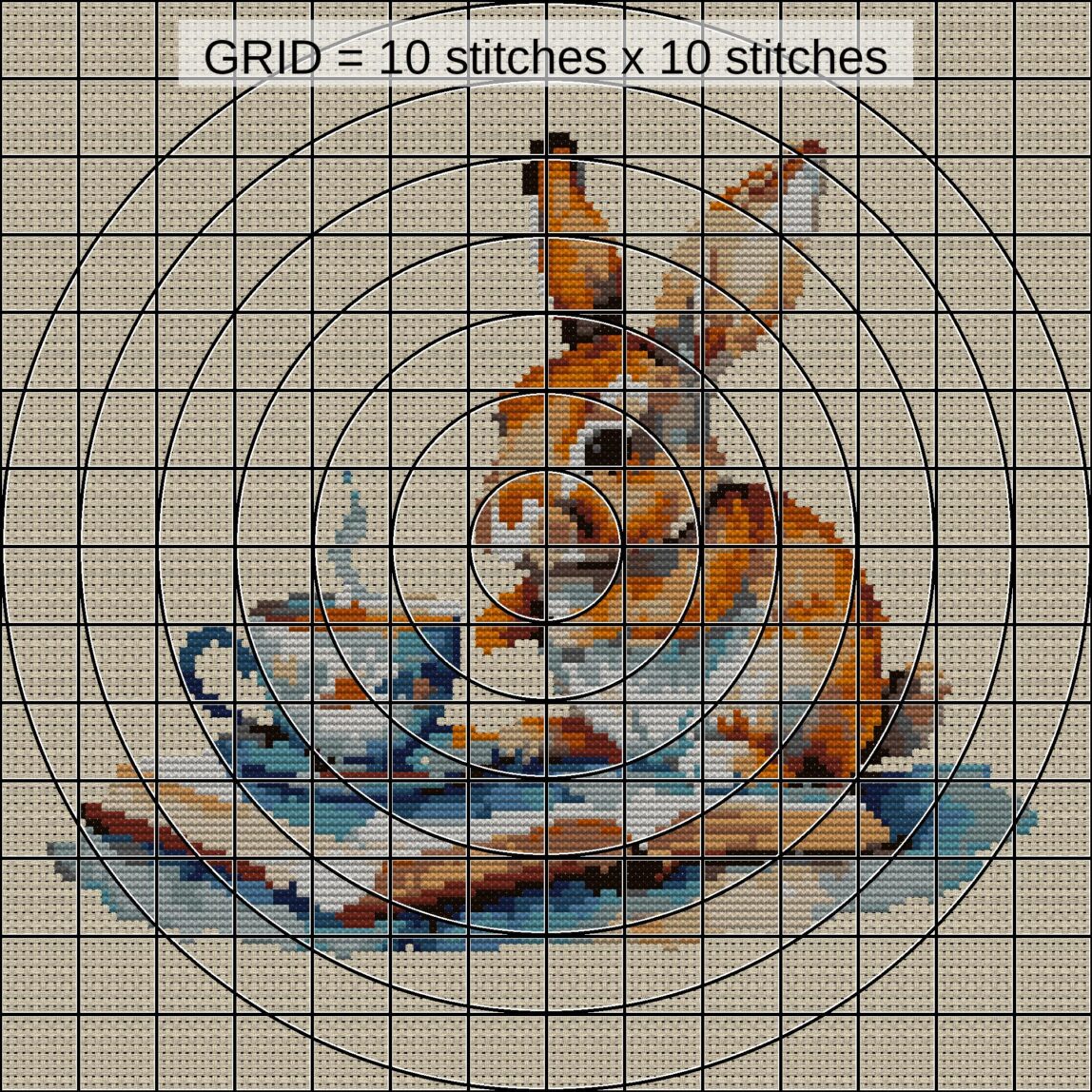 rabbit-with-teacup-and-bo zoomed stitching detail rabbit-with-teacup-and-bo close-up cross stitch detail showing color changes, confetti areas and stitch texture