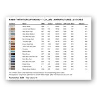 rabbit-with-teacup-and-bo thread color chart with DMC, Anchor, Sullivans, J&P Coats and Maxi color references