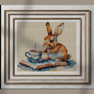 rabbit-with-teacup-and-bo alternative framed cross stitch mockup, realistic finished embroidery presentation