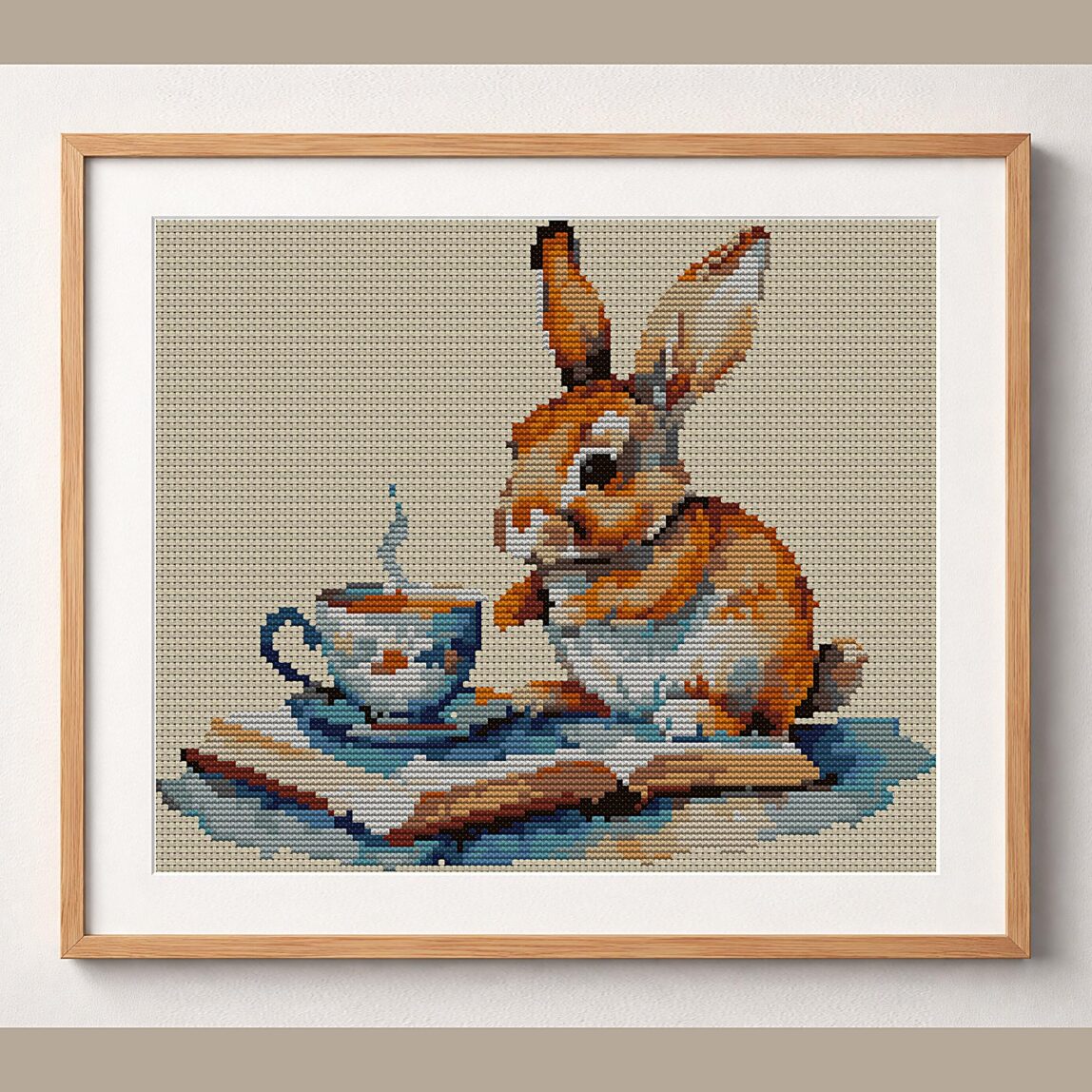rabbit-with-teacup-and-bo framed cross stitch mockup rabbit-with-teacup-and-bo framed cross stitch mockup, realistic finished embroidery design, PDF pattern digital download