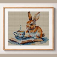 rabbit-with-teacup-and-bo framed cross stitch mockup, realistic finished embroidery design, PDF pattern digital download