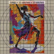 jazz-dancer-pose close-up cross stitch detail showing color changes, confetti areas and stitch texture