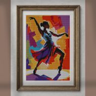 jazz-dancer-pose alternative framed cross stitch mockup, realistic finished embroidery presentation