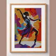 jazz-dancer-pose framed cross stitch mockup, realistic finished embroidery design, PDF pattern digital download