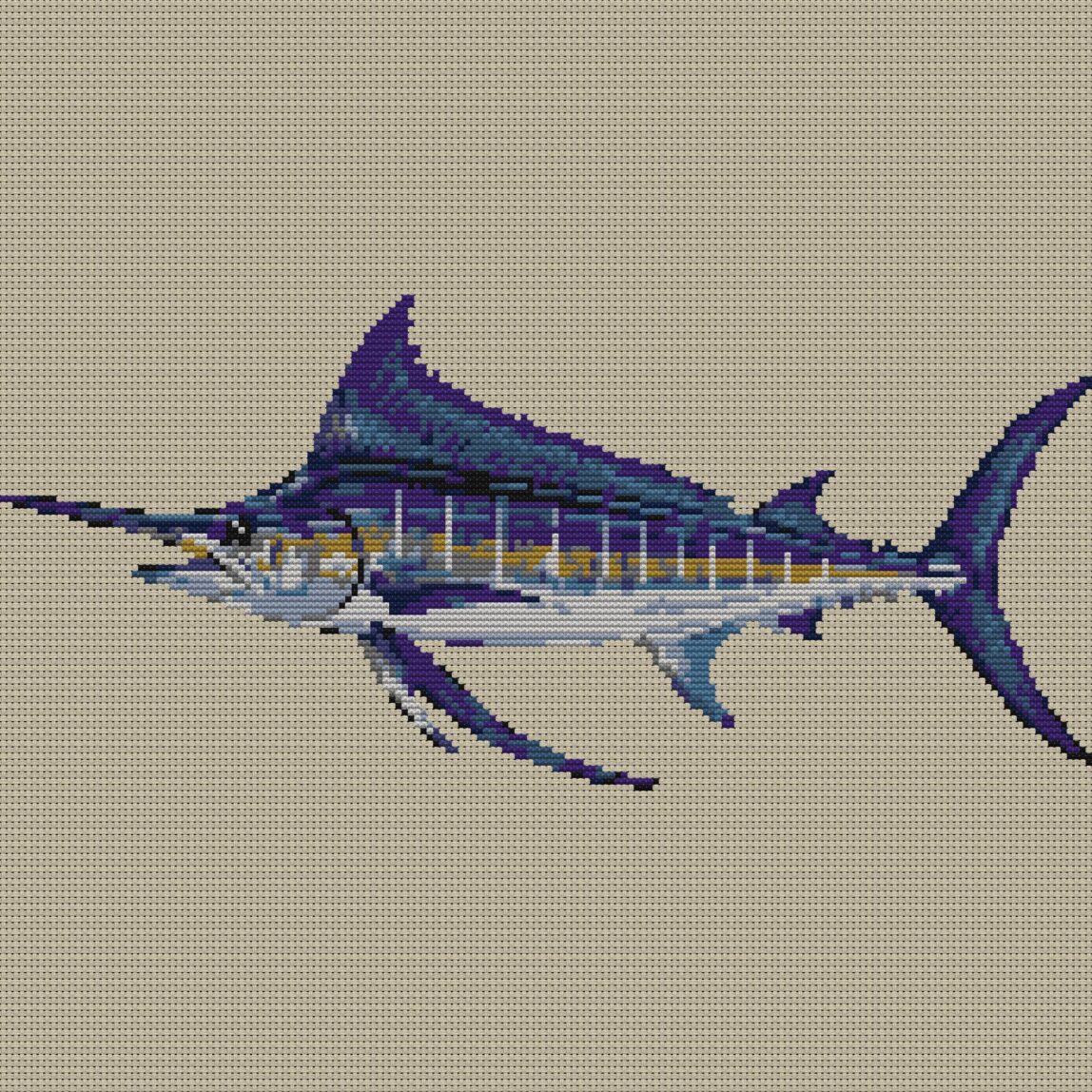 blue-marlin-makaira-nigri full cross stitch design mockup without frame, realistic embroidery preview
